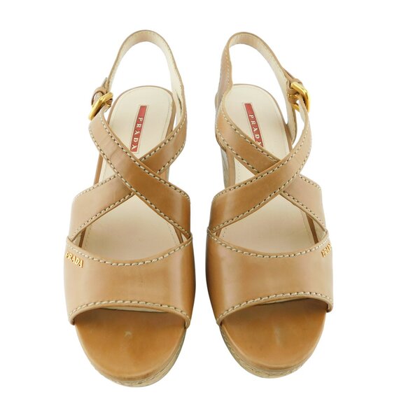 PRADA Logo Tan Brown Leather Crisscross Cork Wedge Sling Heel Sandals 37 - Picture 3 of 11